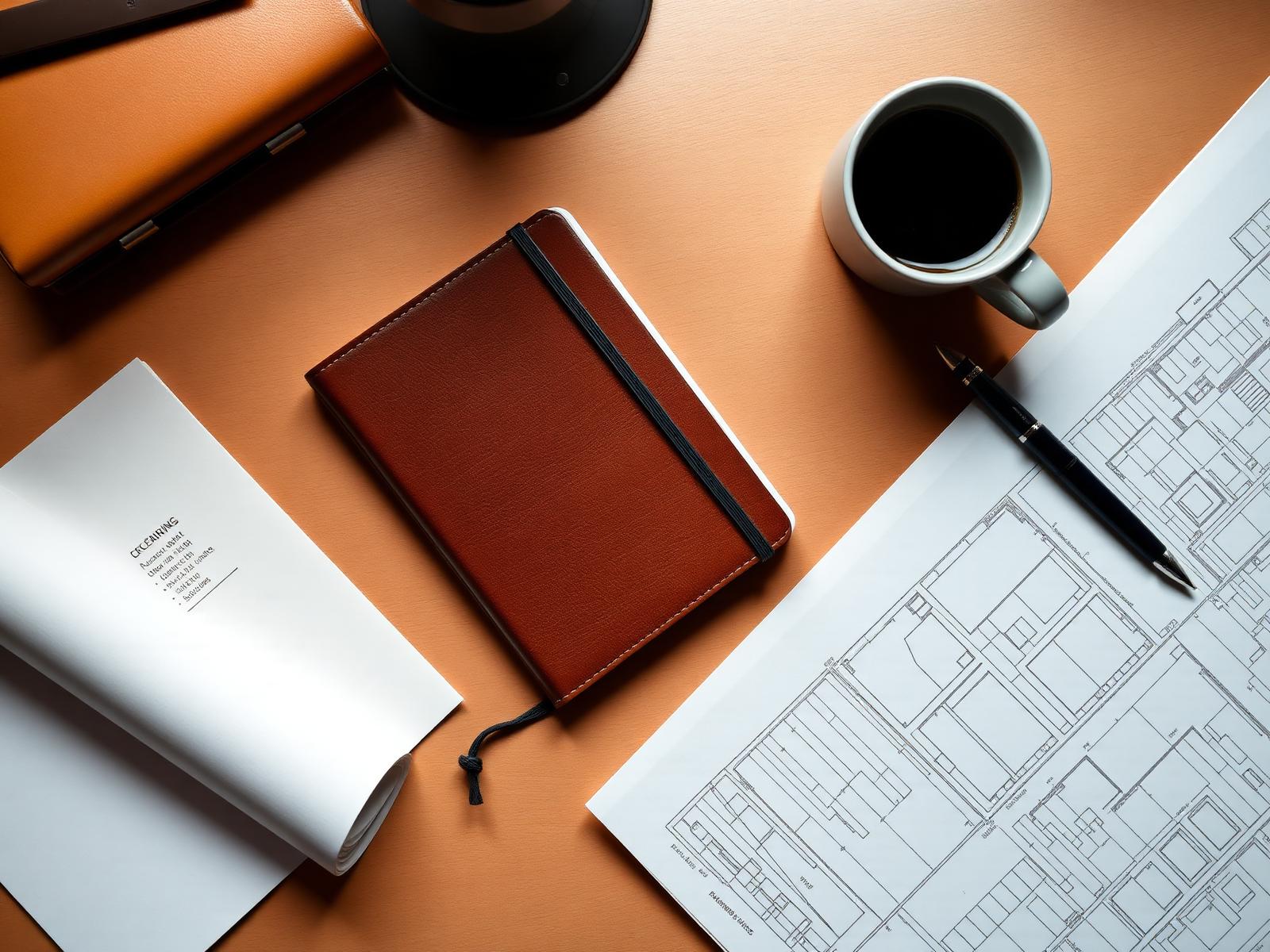 Minimalist desk with notebook, fountain pen and blueprints
